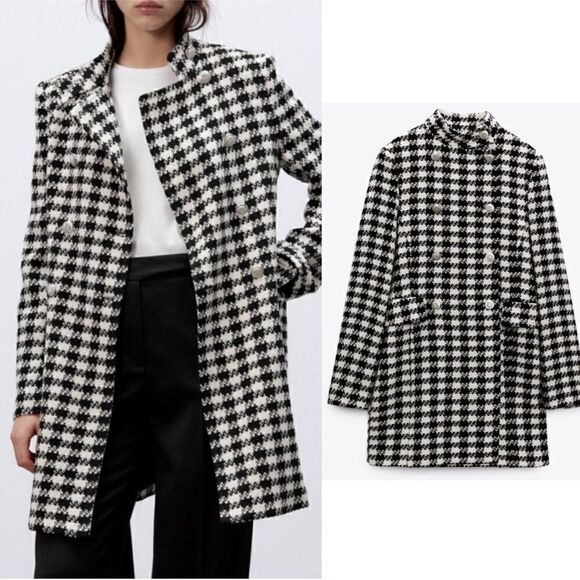 BLOGGERS Fav Zara houndstooth jacket coat black white silver buttons - Picture 1 of 17